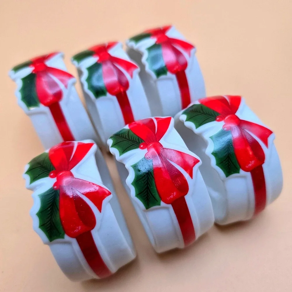 Vintage Mount Clemens Pottery Ribbon & Holly Ceramic Napkin Rings Set of 6 Japan